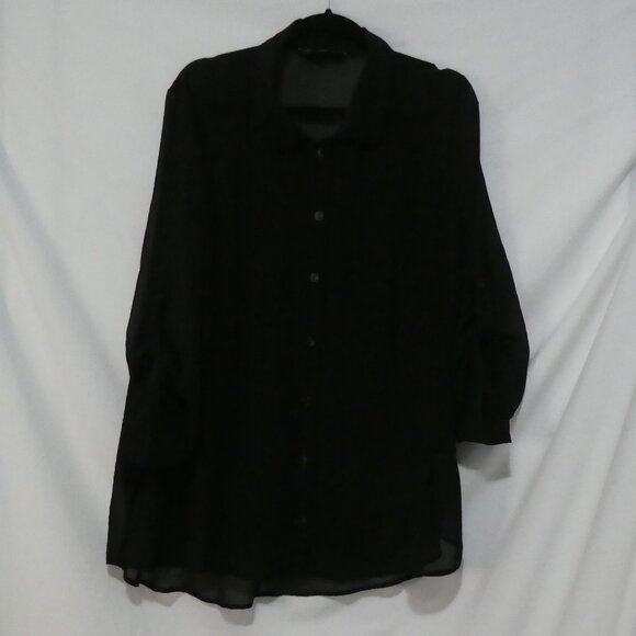 ADDITION ELLE | size 18 | Classic Sheer Black Button-Up Shirt | Roll Tab Sleeves - Picture 2 of 15